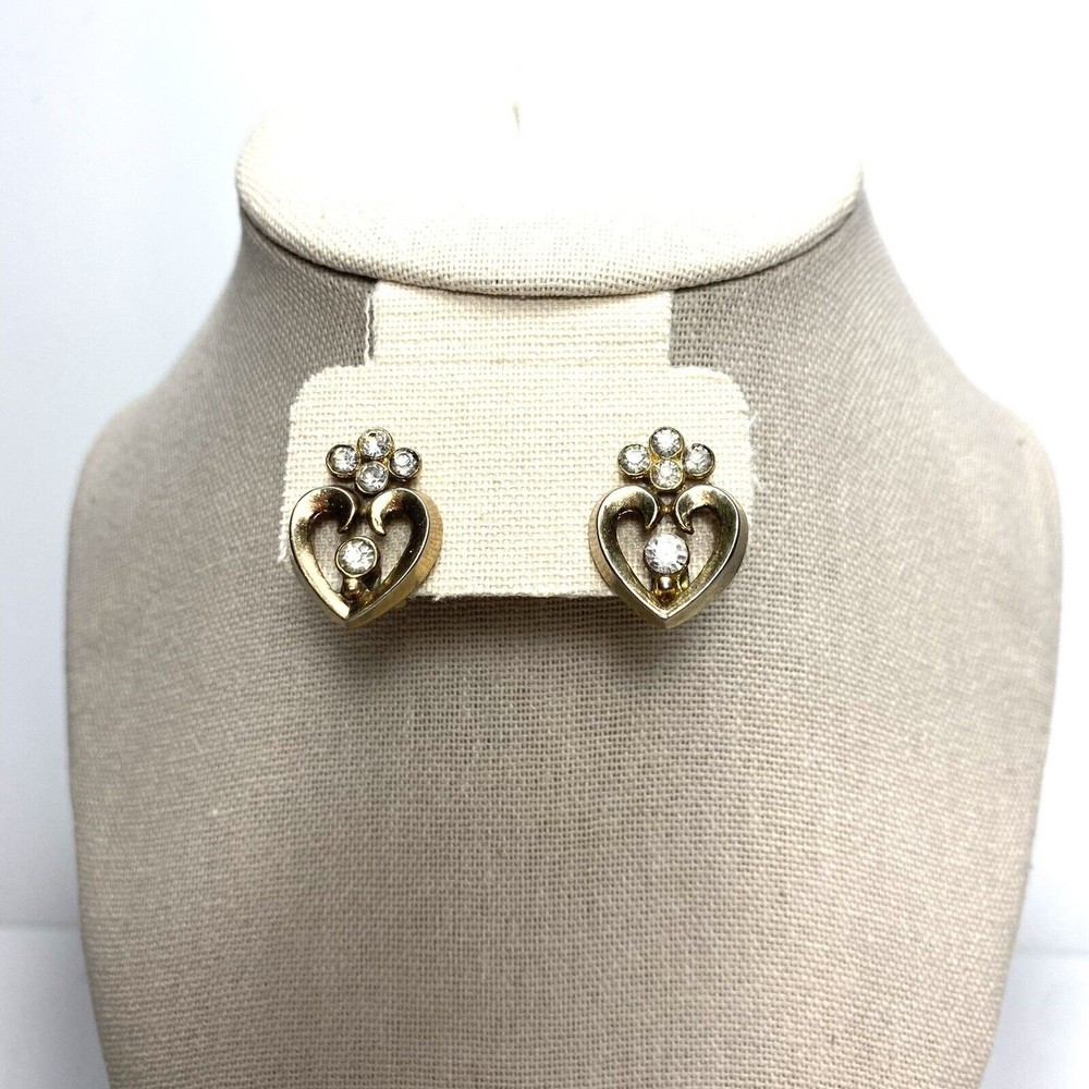 Vintage Crown Trifari Heart Earrings Gold Tone Rhinestone Clip On Signed